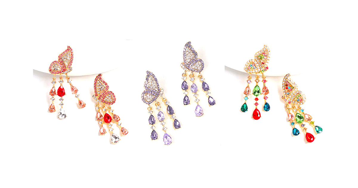 Colorful Rhinestone Butterfly Dangle Earrings