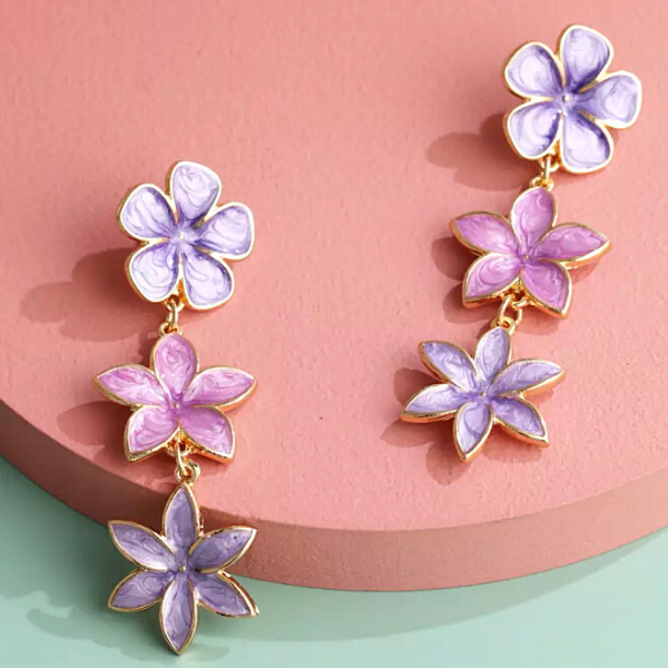 Purple Vibrant Enamel Drop Dangle Flower Earrings - Ella Moore