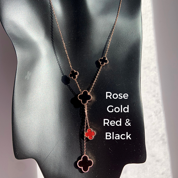 2 in 1 Red and Black Reversible Tassel Four Leaf Rose Gold Clover Necklace - Ella Moore