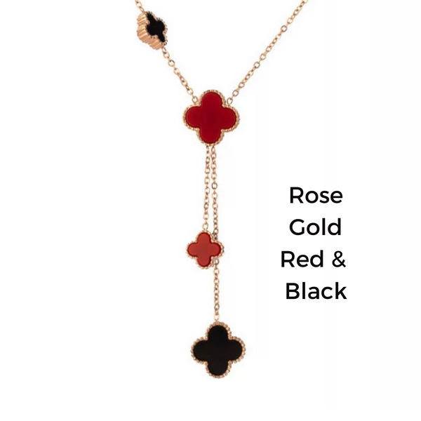 2 in 1 Red and Black Reversible Tassel Four Leaf Rose Gold Clover Necklace - Ella Moore