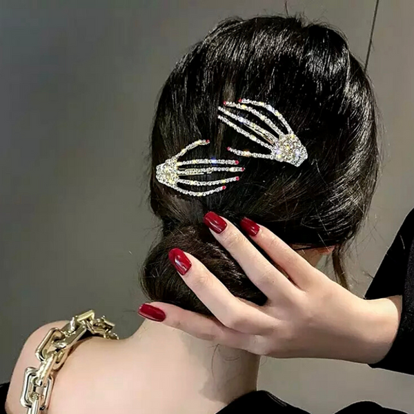 Red Nails Shimmering Rhinestone Skeleton Hand Hairclips - Ella Moore