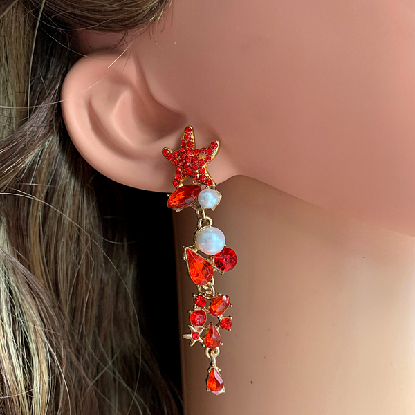 Red Glistening Rhinestone Pearl Starfish Dangle Gold Earrings - Ella Moore