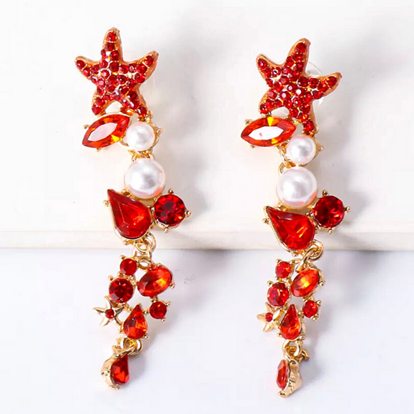 Red Glistening Rhinestone Pearl Starfish Dangle Gold Earrings - Ella Moore