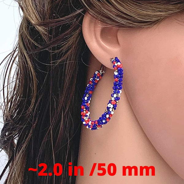 Patriotic Red, Blue and 2 inch White Beaded Hoop Earrings - Ella Moore