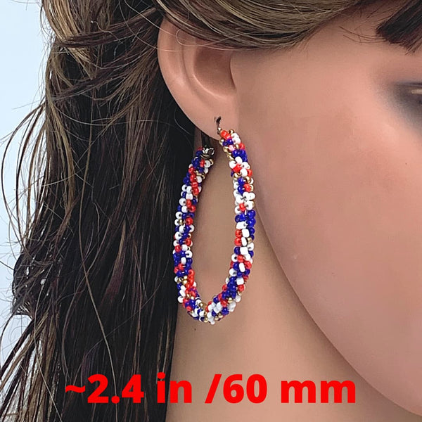 2.4 inch Patriotic Red, Blue and White Beaded Hoop Earrings - Ella Moore