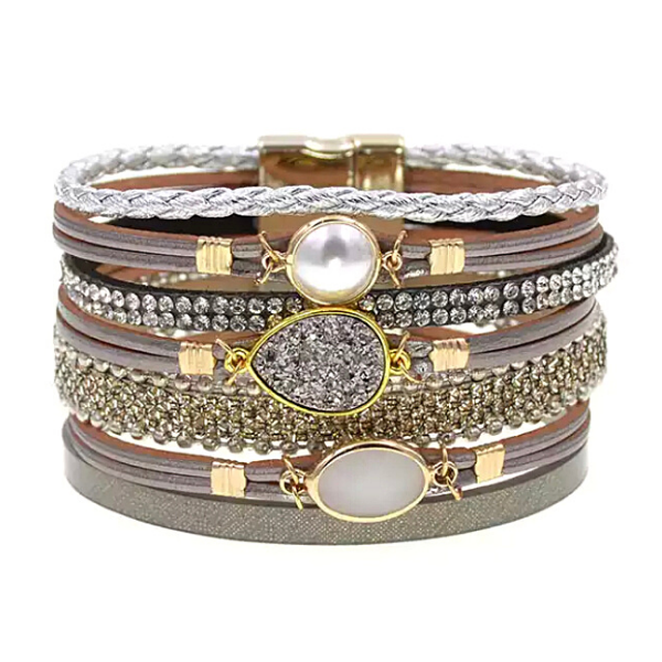 Silver Embellished Crystal Druzy Rhinestone Wide Leather Bracelet - Ella Moore