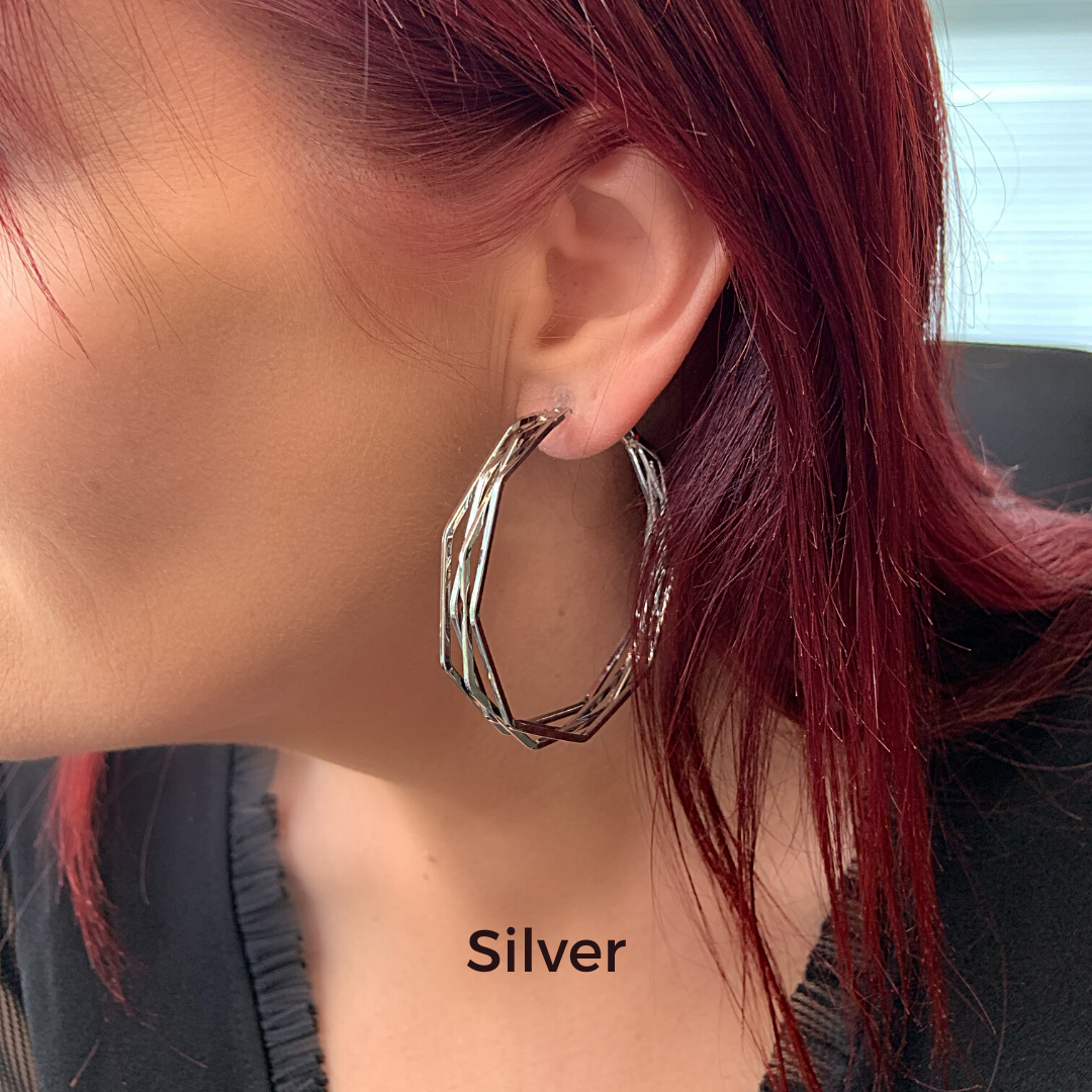 Silver Triple Geometric Large Hoop Clip On Earrings - Ella Moore