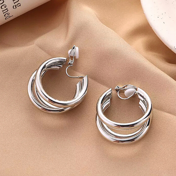 Polished Silver Triple Hoop Clip On Earrings - Ella Moore