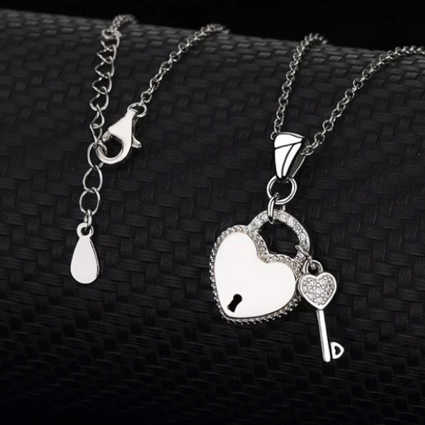 Romantic Sterling Silver CZ Heart Lock and Key Necklace