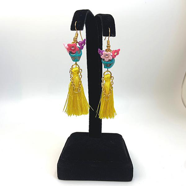 Turquoise Head Yellow Dress Flower Lady Tassel Handmade Skeleton Skull Earrings - Ella Moore