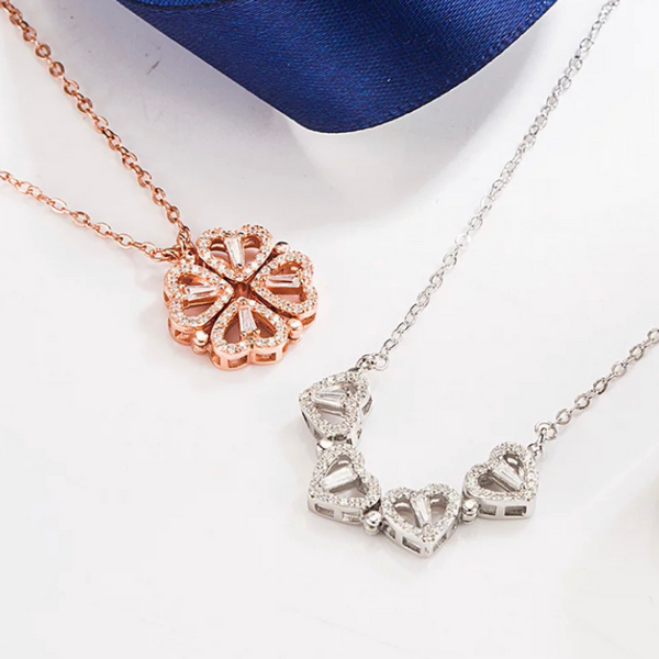 Shimmering Two Way Magnetic CZ Sterling Silver 4 Leaf Clover Heart Necklace - Ella Moore