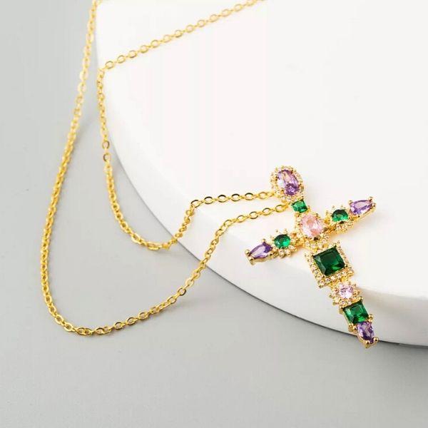 Vintage-Inspired Colorful CZ Gold Cross Necklace - Ella Moore