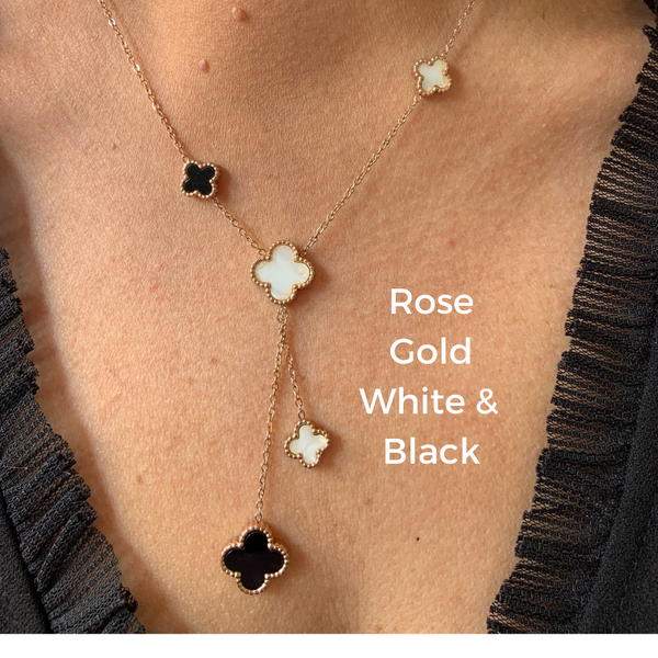 2 in 1 White and Black Reversible Tassel Four Leaf Rose Gold Clover Necklace - Ella Moore