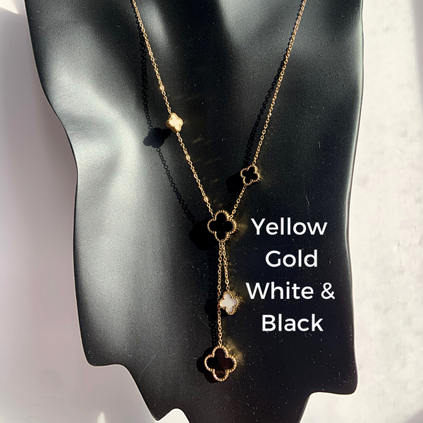 2 in 1 White and Black Reversible Tassel Four Leaf Yellow Gold Clover Necklace - Ella Moore