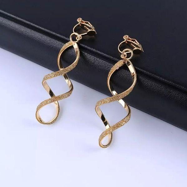 Yellow Gold Shimmering Twist Spiral DNA Dangle Clip On Earrings - Ella Moore