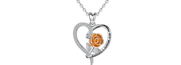 "You Are Were I Belong" Rose Sterling Silver Heart Necklace
