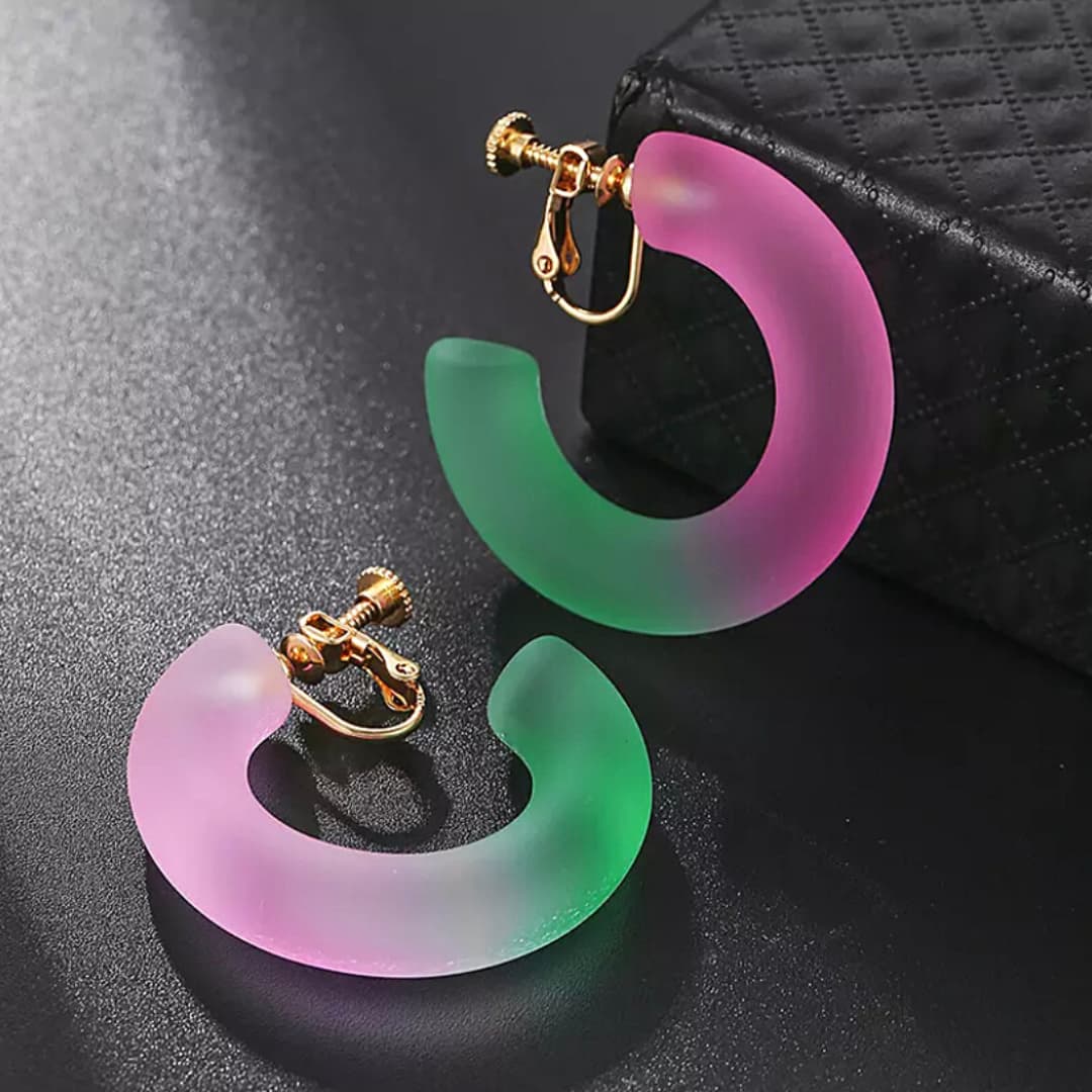 Frosted Two Tone Women Hoop Clip On Earrings