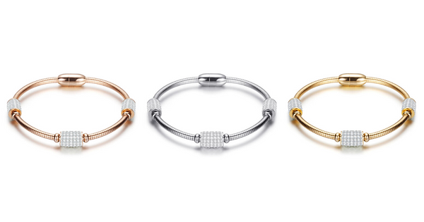 3 Piece Tri Color Brilliant Triple CZ Magnetic Closure Stainless Steel Stackable Bangle Bracelet Set - Ella Moore