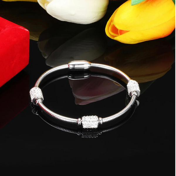 3 Piece Tri Color Brilliant Triple CZ Magnetic Closure Stainless Steel Stackable Bangle Bracelet Set - Ella Moore