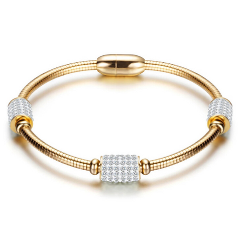 3 Piece Tri Color Brilliant Triple CZ Magnetic Closure Stainless Steel Stackable Bangle Bracelet Set - Ella Moore