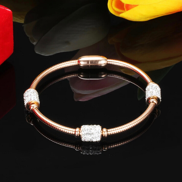 3 Piece Tri Color Brilliant Triple CZ Magnetic Closure Stainless Steel Stackable Bangle Bracelet Set - Ella Moore