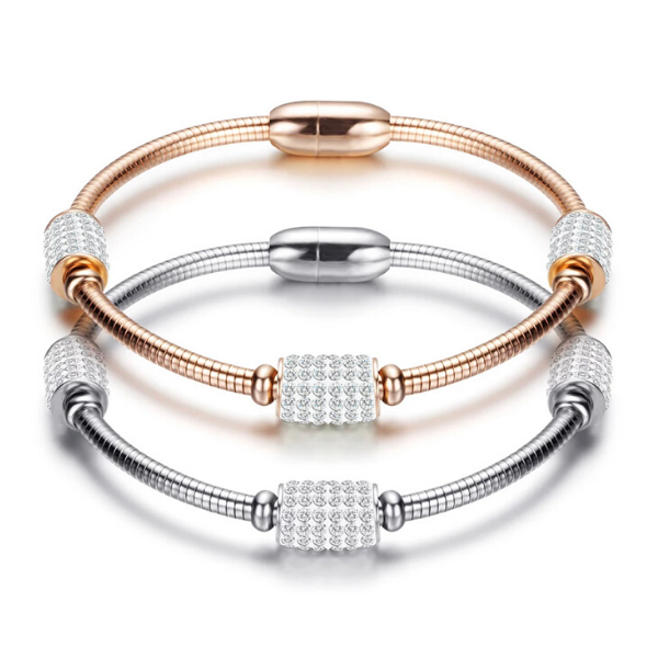 3 Piece Tri Color Brilliant Triple CZ Magnetic Closure Stainless Steel Stackable Bangle Bracelet Set - Ella Moore