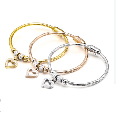 3 Piece Yellow Rose Silver Gold Sparkling Rhinestone Heart Charm Bracelet Bangle Stainless Steel Magnetic Closure - Ella Moore
