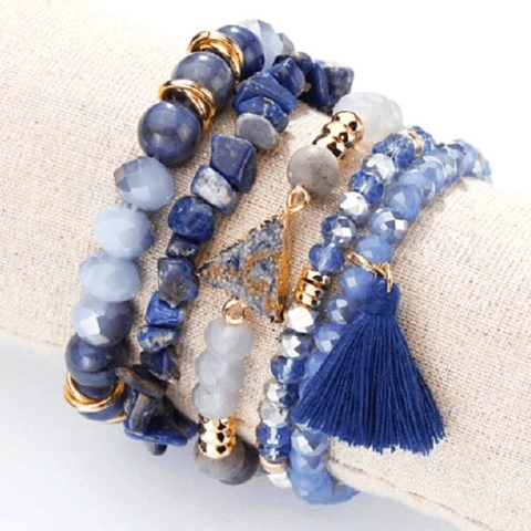 5 Piece Blue Natural Edge Stone Crystal Tassel Charm Stretch Elastic Women Bead Bracelets - Ella Moore
