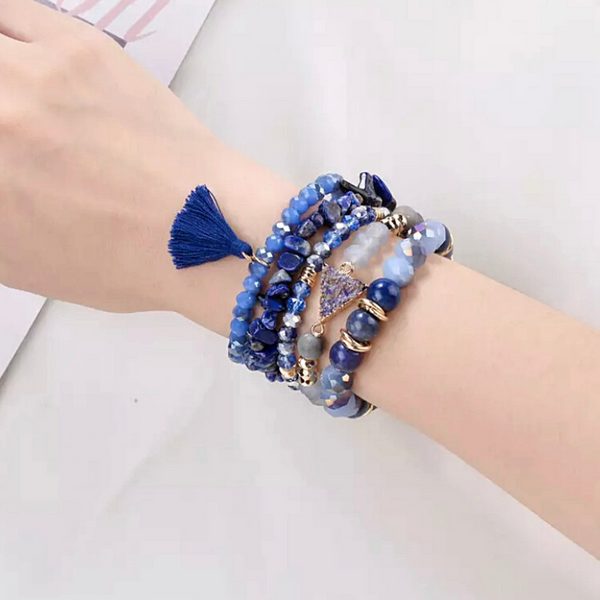 5 Piece Blue Natural Edge Stone Crystal Tassel Charm Stretch Elastic Women Bead Bracelets - Ella Moore