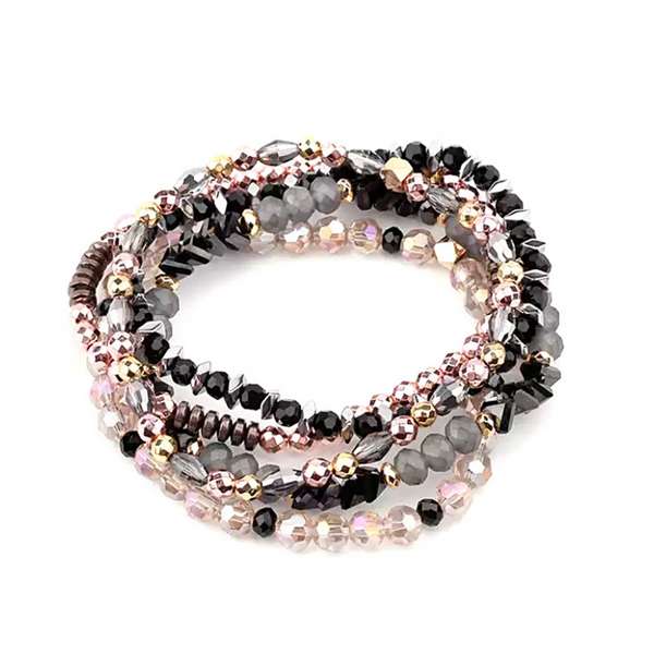 5 Piece Rose, Gold and Black Natural Stone Crystal Elastic Stretch Bead Bracelet Set - Ella Moore