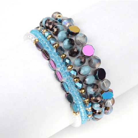 5  Piece Blue Iridescent Natural Stone Crystal Beaded Bracelet Set - Ella Moore