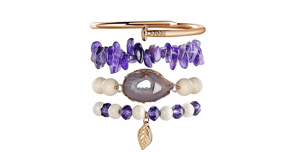 4 piece Gold Nail bangle bracelet Amethyst Stretch Bead Bracelet set-Ella Moore