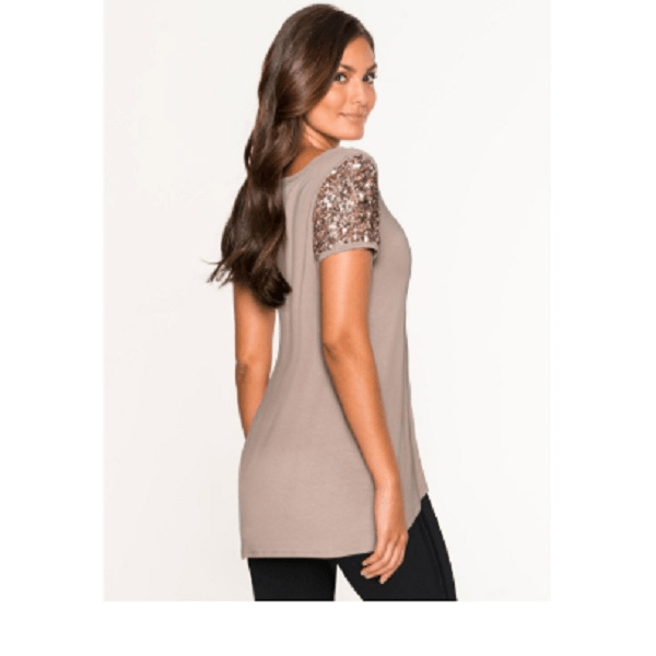 Mocha Beige Short Sleeve Sequined Sleeve Blouse Top TShirt - Ella Moore
