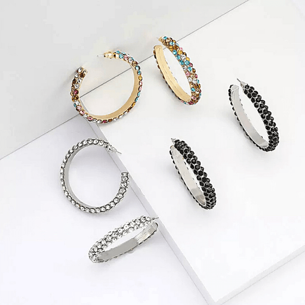 Black Silver Colorful  C-shaped Gold Rhinestone Hoop Earrings - Ella Moore