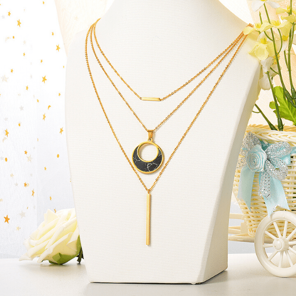 Black Stone Moon Shape Layered Necklace - Ella Moore