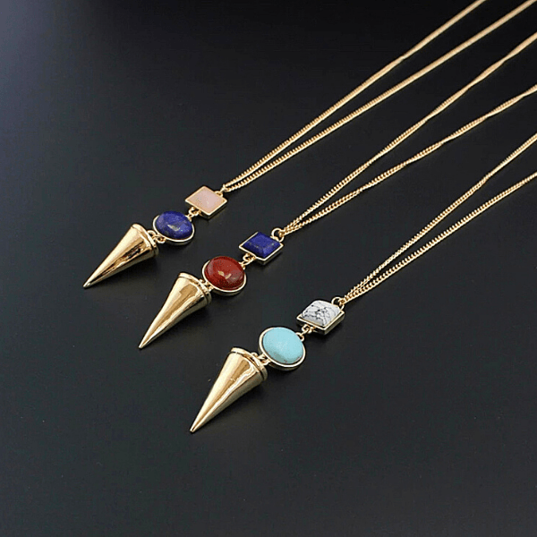 White Howlite Turquoise Blue Lapis Red Agate  Rose Quartz Unique Natural stone Long Gold Necklaces - Ella Moore