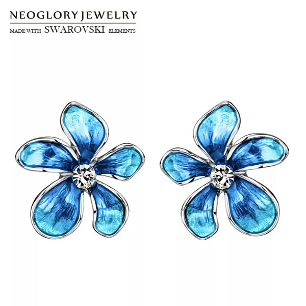 Blue  Rhinestone & Enamel Flower Floral earrings - Ella Moore