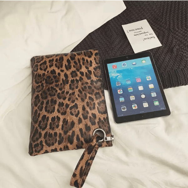 Brown Large Leopard Pouch Clutch with Wrist Strip - Ella Moore
