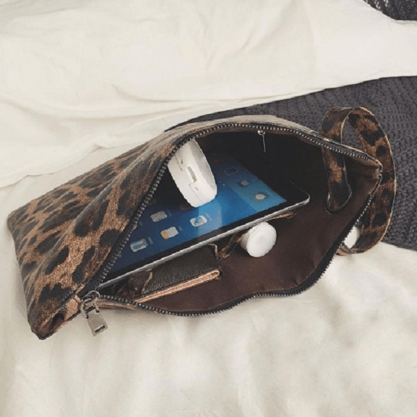 Brown Large Leopard Pouch Clutch with Wrist Strip - Ella Moore