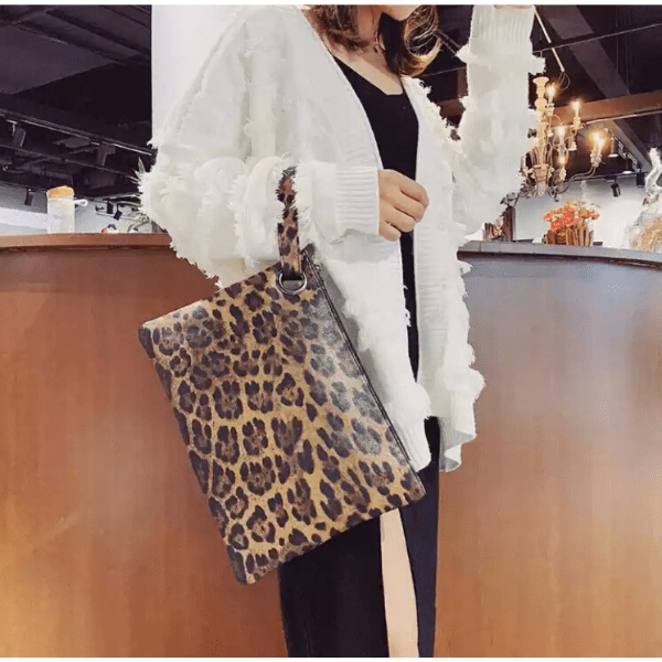 Brown Large Leopard Pouch Clutch with Wrist Strip - Ella Moore