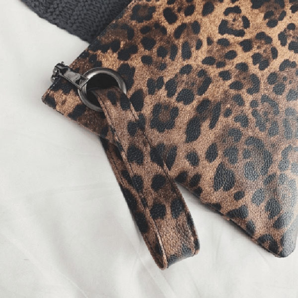 Brown Large Leopard Pouch Clutch with Wrist Strip - Ella Moore