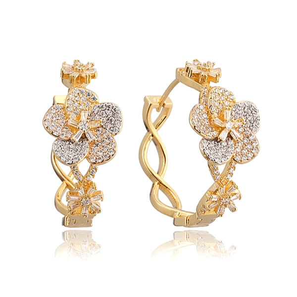 CZ Cubic Zirconia Pave Flower Floral Gold Hoop Earrings - Ella Moore