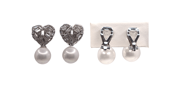 CZ Cubic Zirconia Pearl Silver Heart Shaped Clip On Earrings - Ella Moore
