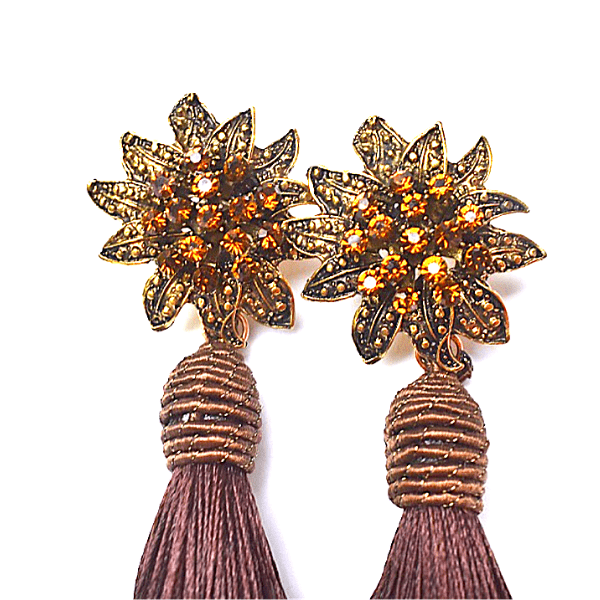 Chocolate Brown Rhinestone Flower Tassel Drop Danging Earrings - Ella Moore