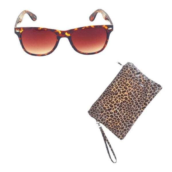 Leopard Sunglasses & Leopard Pouch Clutch Set - Classic Fashionable Leopard Sunglasses & Iridescent Brown Leopard Medium Pouch Clutch with Wrist Strap - Ella Moore