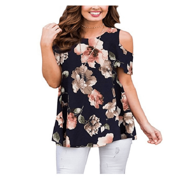 Floral Cold Shoulder Women Short Sleeve Blouse Top Multiple Colors