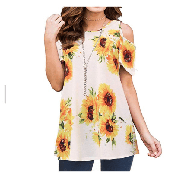 White Floral Cold Shoulder Women Short Sleeve Top - Ella Moore