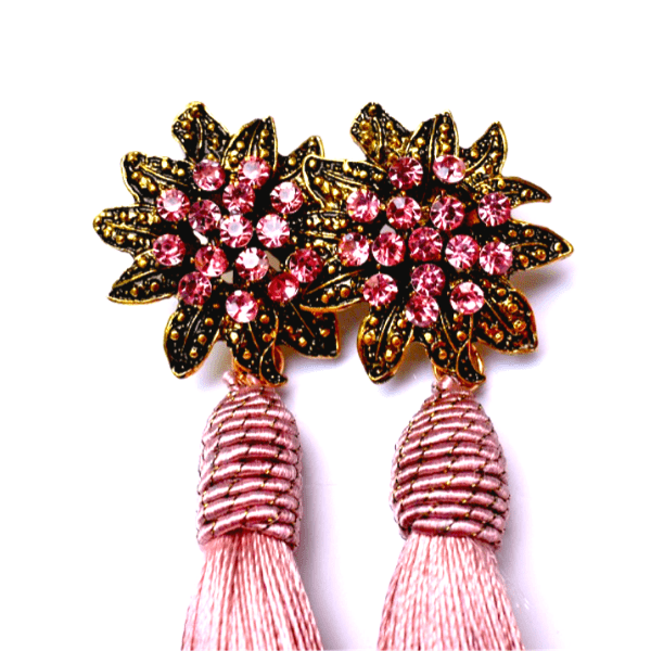 Dusty Rose Pink Rhinestone Flower Tassel Drop Danging Earrings - Ella Moore