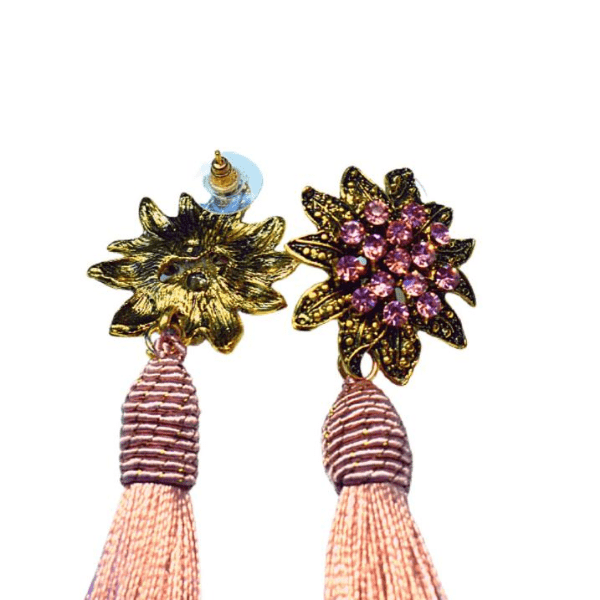 Dusty Rose Pink Rhinestone Flower Tassel Drop Danging Earrings - Ella Moore