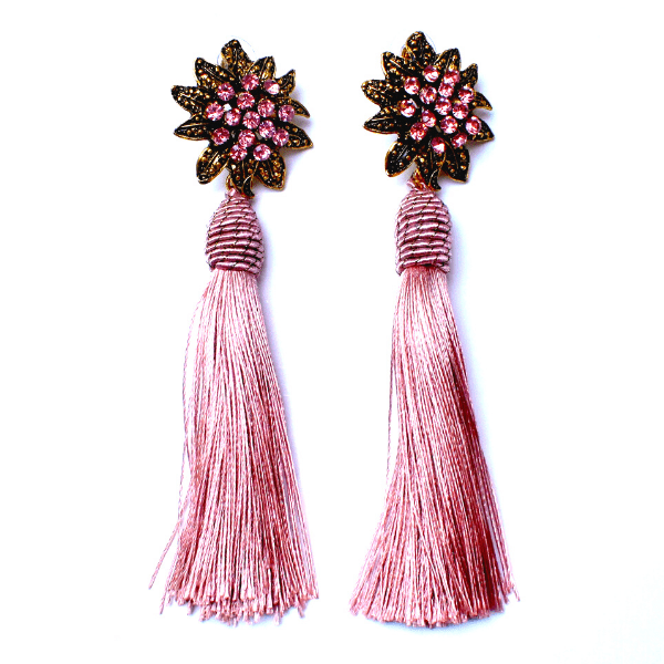 Dusty Rose Pink Rhinestone Flower Tassel Drop Danging Earrings - Ella Moore